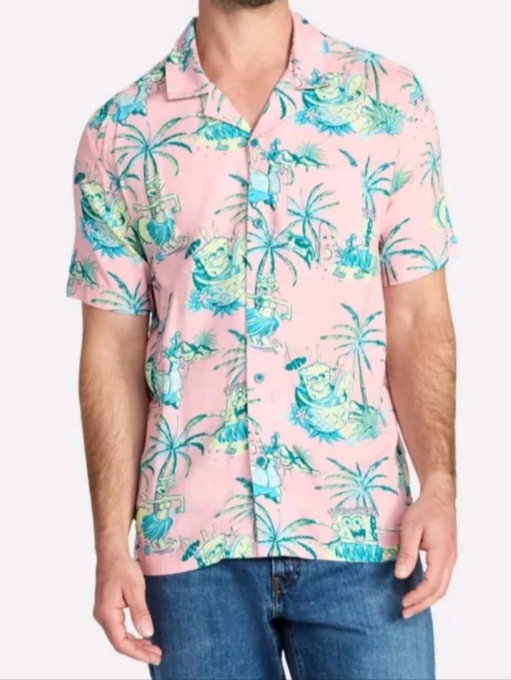 SpongeBob SquarePants Men's Size XS (27) Graphic Button-Up Shirt NWT Light Pink